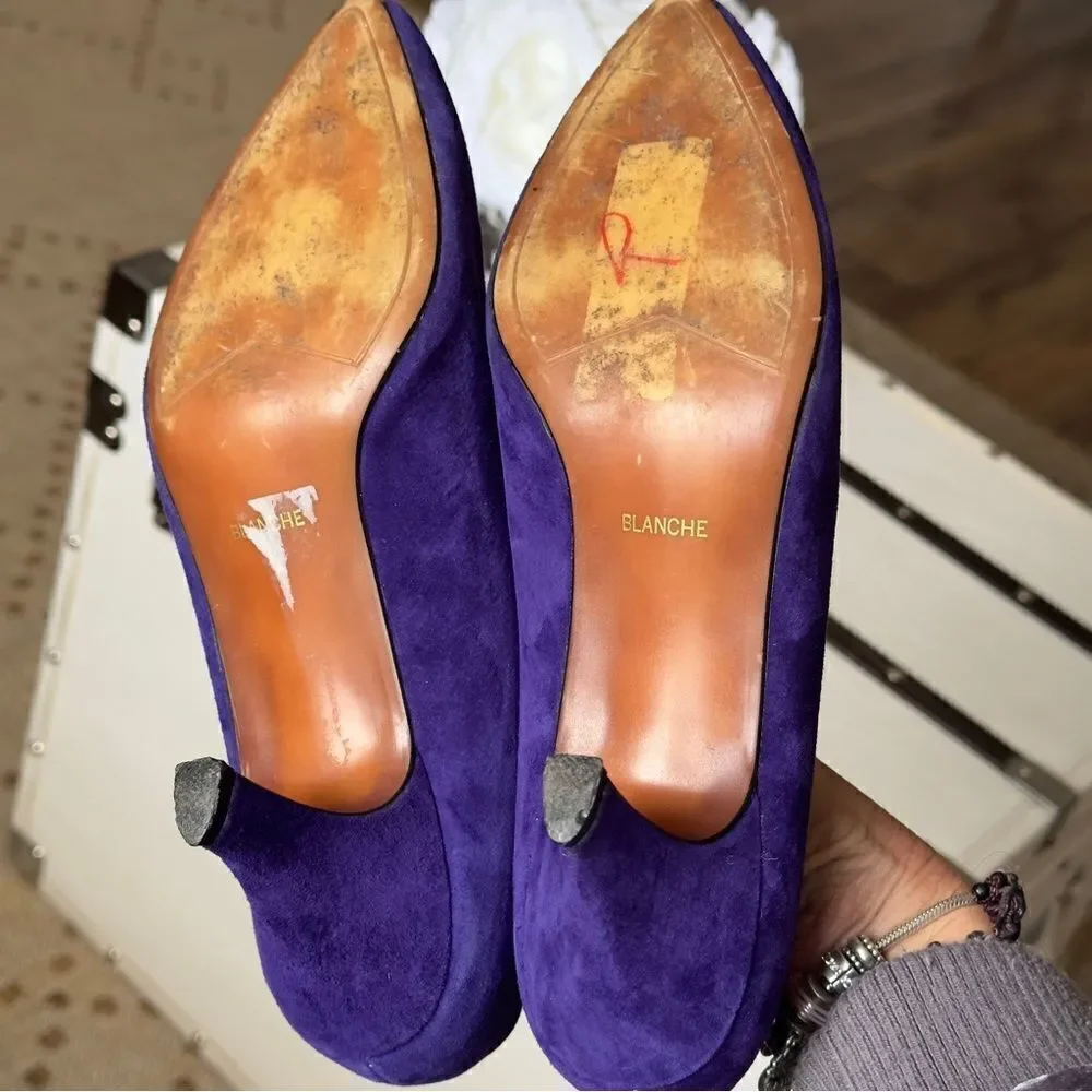 Carriage Court Vintage Blanche Purple Suede Upper Kitten Heel Shoes Size 6.5